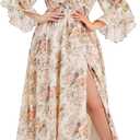 Wedding Guest Dress Plus Size Ruffle Bell Sleeve V Neck A Line Flowy Empire Waist Maxi Dresses with Slit (Brown) XL