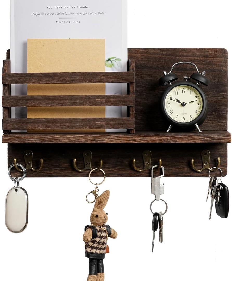 Key and Mail Holder For Wall, Decorative Mail Organizer Wall Mount with 4 Hooks, Wooden Key Rack with Shelf for Entryway, Rustic Brown HKKS1002BR