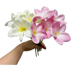 10 pc Artificial Plumeria Flowers with Stems,13inch Real Touch Lifelike Frangipani Fake Flower Bouquets for Home Office Wedding Engagement Party Spring Flowers Decor (White+Pink)