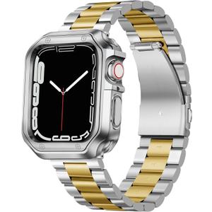 BINLUN Compatible with Apple Watch Band 49mm 46mm 45mm 44mm 42mm Stainless Steel Metal Watch Strap with TPU Watch Case Compatible with iWatch Series Ultra/10/9/8/7/SE2/SE/6/5/4/3/2/1 (Silver-Gold)