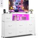WLIVE White Dresser for Bedroom, TV Stand for Bedroom for 50, 55 inch TV with Charging Station and LED Lights, Fabric Chest of Drawers with Open Shelves, 8 Drawer Dressers for Living Room, Closet