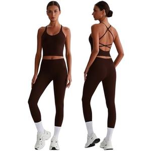 PQBPQB Women 2 Piece Workout Sets Padded Cross Back Crop Tank High Waist Tummy Control Active Leggings Sets Yoga Outfits M