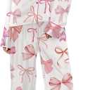 Piacakece Women 2 Piece Satin Pajama Set Cute Bow Print Long Sleeve Shirt Loose Shorts Matching Set Loungewear (Small)