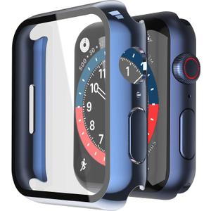 Misxi 2 Pack Hard PC Case with Tempered Glass Screen Protector Compatible with Apple Watch Series 9 (2023) Series 8 Series 7 45mm, Ultra-Thin Cover for iWatch S9/S8/S7, 1 Blue + 1 Transparent