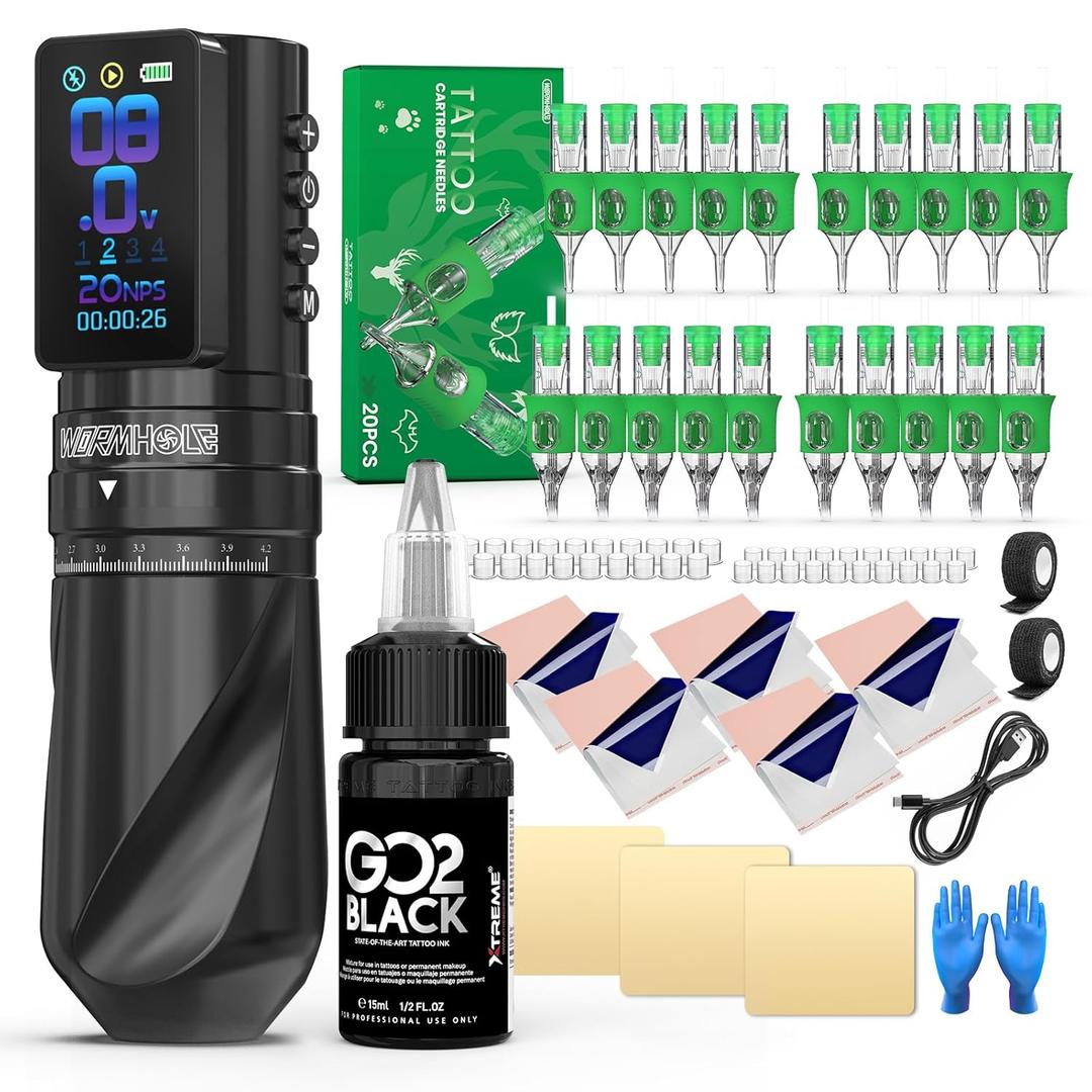 Wormhole Tattoo Gun Kit Wireless Tattoo Kit with 7 Adjustable Stroke 2,300mAh Power Tattoo Machine with Normal/Jump-Start/Dot Working Mode with LED Digital Display Professional Xtreme Tattoo Kit (WTK315)