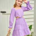Haloumoning Girls Dresses Long Sleeve Square Neck Crossover Waist Casual A-Line Spring Fall Dress 5-14Y (S)