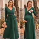 OUGES Women's 2024 Fashion Long Sleeve V Neck Maxi Dress with Pockets Maternity Clothes Nursing Dresses (Green, XXL)