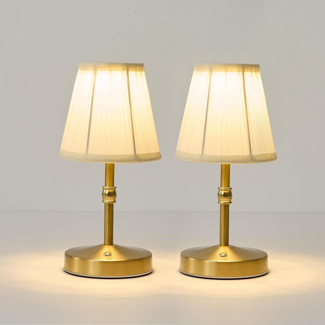 Cordless Mini Lamps Gold,3000 mah Battery Operated Lamp,3 Color Temperature Dimmable Table Lamp,Small Rechargeable Table Lamp Fabric,Aesthetic Small kitchen Lamp for Counter,Dinner (Gold,2 Pack) (Gold-9.8 inch-2pack)