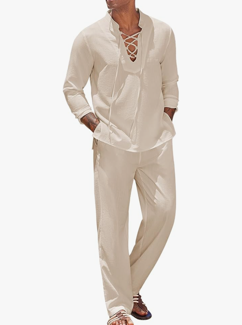 COOFANDY Men's 2 Piece Linen Set Long Sleeve Henley Shirts Casual Beach Pants With Pockets Summer Yoga Outfits Size XXL