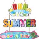 Hello Summer Door Sign,Summer Wreath for Front Door,Beach Wall Sign Flip Flop,Lolly Ice Cream Popsicle Decor,Rustic Farmhouse Flamingo Hawaii Pool Beach Plaque for Yard Outdoor Garden Porch (Blue & Colourful)