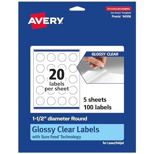 Avery Glossy Clear Round Labels, Sure Feed Technology, 1.5" Diameter, 100 Glossy Clear Labels, Print-to-The-Edge, Laser/Inkjet Printable