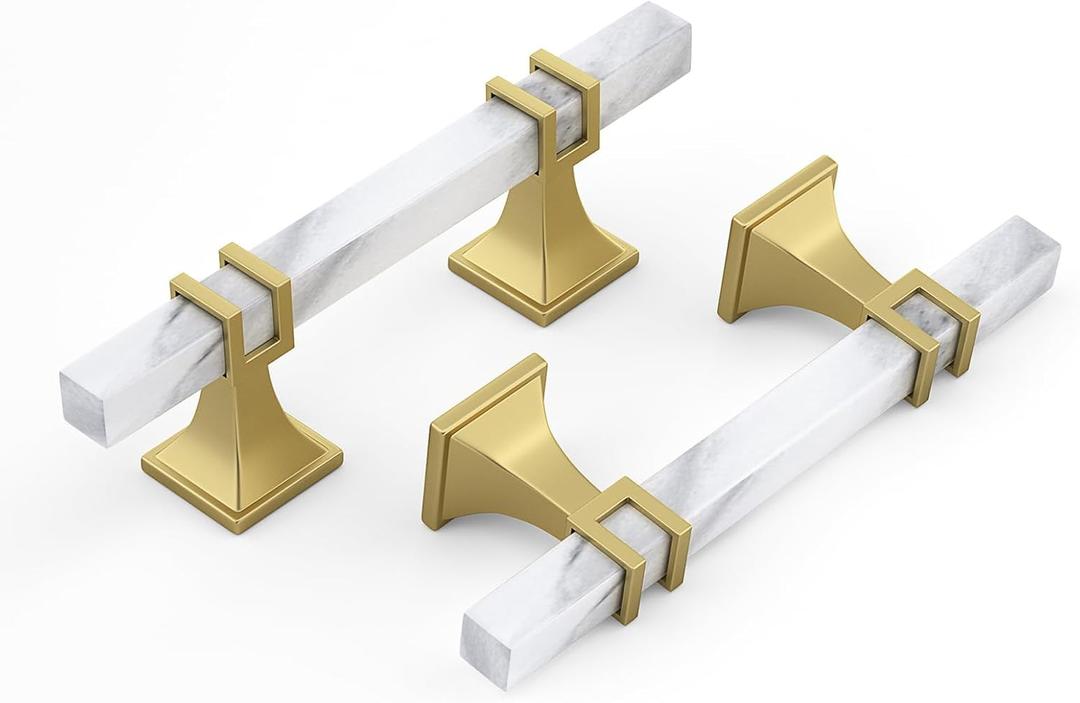 10 Pack 3 Inch White Marble Cabinet Pulls, Gold Cabinet Handles Marble Grain and Gold Pulls, Kitchen Cabinet Handles Square Dresser Drawer Pulls Kitchen Hardware