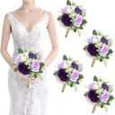Bridesmaids Bouquets Flowers Set of 4 - Artificial Bridesmaid Bouquet Wedding 7 Inch Rustic Small Floral Centerpiece for Marriage Proposal Party Anniversary Dining Table Decor - Green & Purple