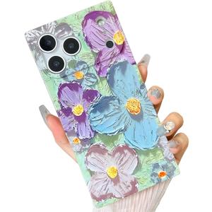 Elegent Girly 3D Flower Compatible with iPhone 15 Pro Max Rectangle Edge Case, Cute Floral Pattern Slim Soft TPU Protective Bumper Cases Cover(Blue Purple,15 Pro Max)