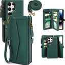 for Samsung Galaxy S24 Ultra Wallet Case for Women, [Wireless Charging] [RFID Blocking] [12 Card Holder], Leather Detachable Magnetic Strap Phone Case for Galaxy S24 Ultra 6.8", Blackish Green