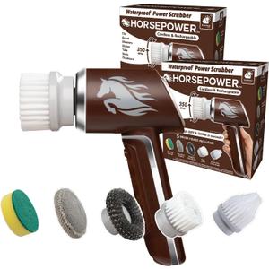 HorsePower Scrubber 2 Pack, AS-SEEN-ON-TV Waterproof Rechargeable Handheld 350 RPM Includes 5 Brush Heads, Blast Away Dirt & Grime, Tile Grout, Bathrooms, Kitchen, Auto Rims, Outdoor Furniture