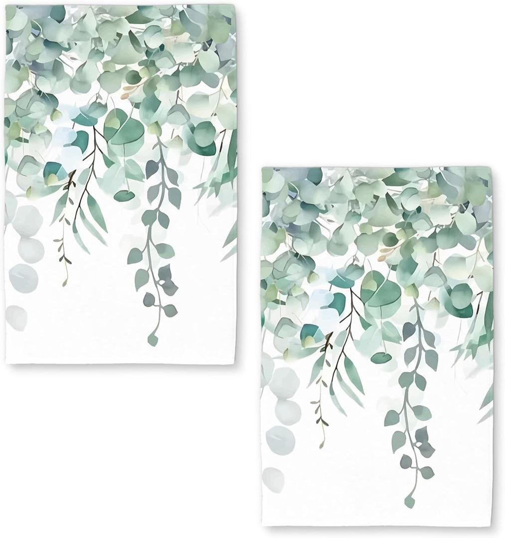 Sage Green Eucalyptus Kitchen Towel Set: 2 Quick-Dry Microfiber Cloths, 18" x 26", "Watercolor Leaves