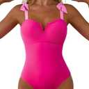 Aleumdr Women's One Piece Swimsuits Tummy Control Bathing Suits V Neck Boho Tie Shoulder Ruched Full Coverage Swimwear, L