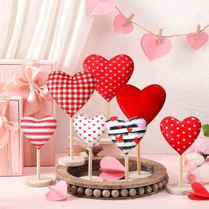 Wenqik 7 Pcs Valentines Day Decorations Flocked Heart Table Decor Velvet Heart Wooden Sign Tall Standing Love Tabletop Centerpieces Valentines Day Decor for Home Table Shelf Tiered Tray Indoor