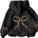 Girl's Leopard Graphic Hoodies Pullover Long Sleeve Hooded Neck Sweatshirts Trendy Fall Outfits Bow Black 13 Years
