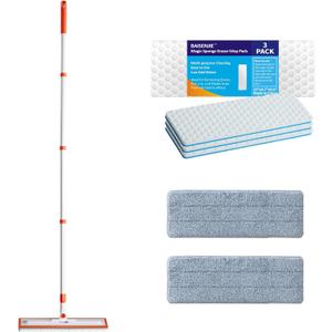 Magic Sponge Eraser Mop, 56" Handle with Flexible 15" Flat Head,2 Microfiber Pad and 3 Magic Sponge Eraser Pads (Mop Set,15" Mop-Head)