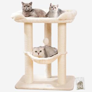 Happi N Pets 28" Cat Tree, Large Bed for Big Cats, Small Cat Tower with Soft Perch for Window Viewing, Stable Cat Tree Tower, Cat Scratching Post with Hammock, Removable Cover-Beige