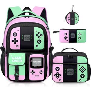 Gamer Backpack for Girls, 4pcs Gaming Girls Backpack with Lunch Box and Pencil Case for Kids, Video Gamer School Bags (Multicolor)