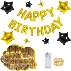 CANREVEL Happy Birthday Banner 13pcs 16 Inch Mylar Foil Letters Sign with 8pcs Star Balloons & LED Lights Birthday Party Decorations for Kids and Adults - 3D Gold