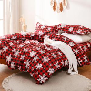 JSD Red Buffalo Plaid Snowflakes Duvet Cover Set Queen Size, 3 Piece Christmas Winter Printed Microfiber Comforter Covers