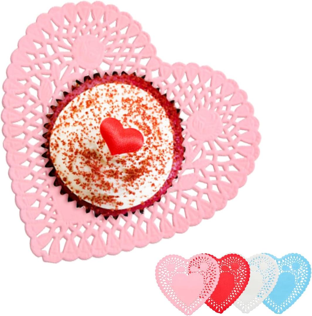 200 PCS Paper Hearts Doilies, 4 inch Heart-Shaped Cutouts Lace Doilies for Crafts, Valentines Day, Mother's Day, Wedding Decor Ornaments, Party Decorations, 50 of Each Colors Red, Pink, White, Blue