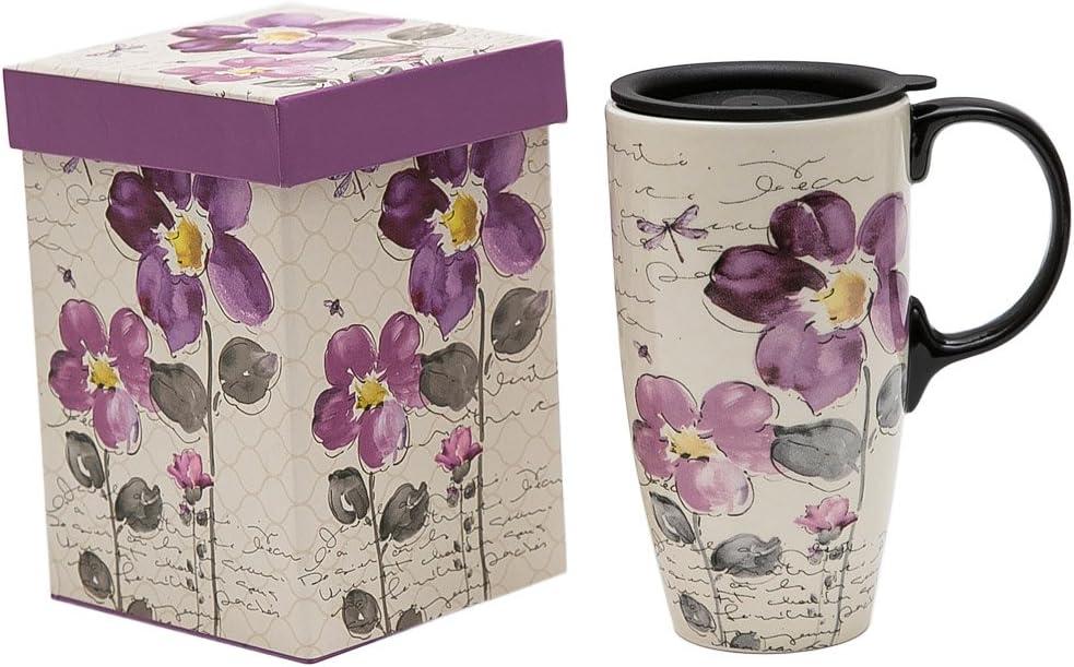 Topadorn Tall Ceramic Travel Mug 17 oz. Coffee Cups Sealed Lid With Color Box (Purple Flower)