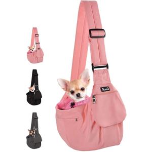 Lukovee Dog Sling Carrier, Hard Bottom Support & Adjustable Soft Padded Shoudler Strap Dog Slings for Small Dogs, Dog Purse with Drawstring Mesh Opening & Zipper Pockets for Puppy Cat Pet (Pink)