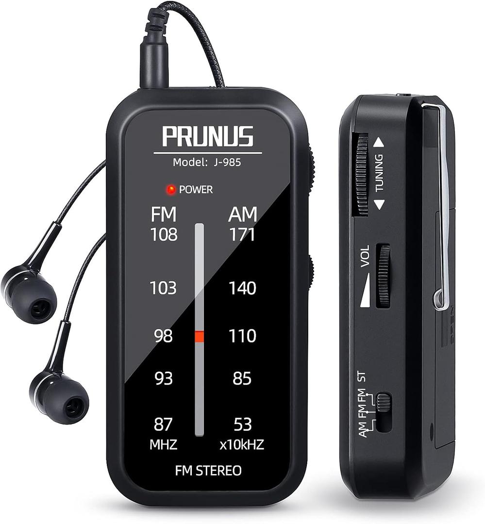 Pocket Radio Mini AM FM Stereo Radio Portable Battery Operated Radio, Includes Headphones, with Back Clip and Signal Indicator, Operated by AAA Batteries for Emergency,Walking,Running,J-985 by PRUNUS (Black)