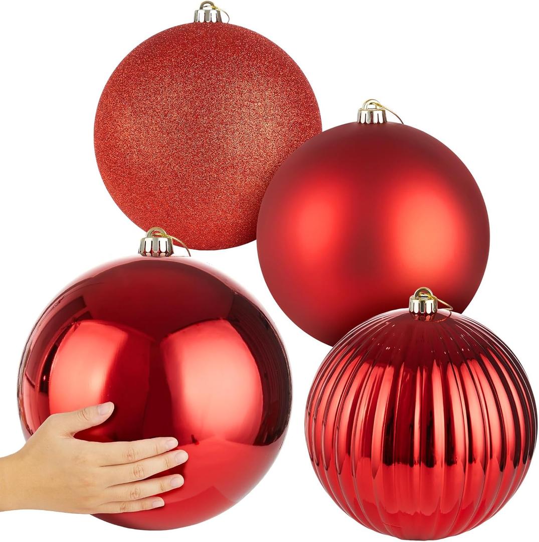 4 Pcs 8'' Extra Large Christmas Ball Ornaments Giant Oversized Plastic Xmas Ball Big Hanging Christmas Tree Ornaments for Xmas Tree Holiday Party Outdoor Decor(Red)