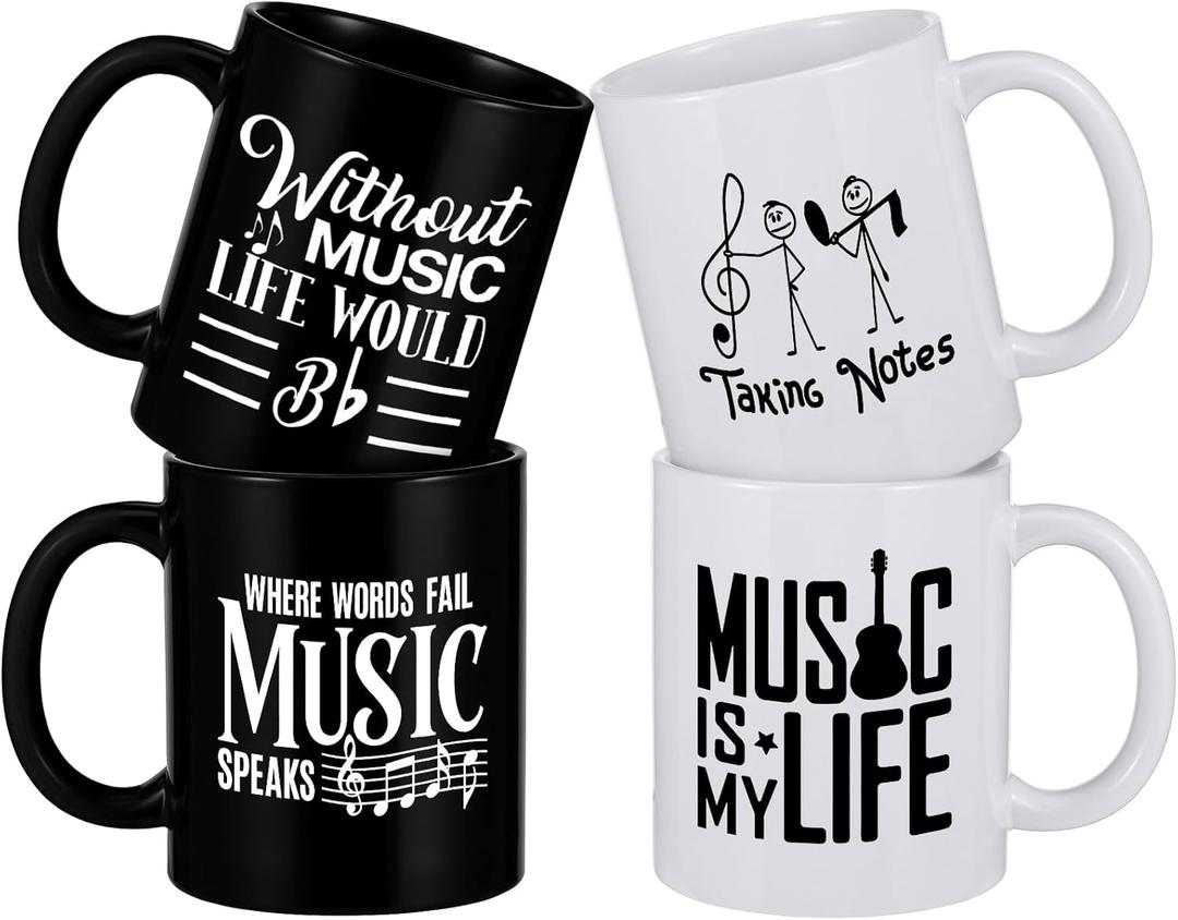 4 Pack Ceramic Music Theme Coffee Mugs Gifts 12 oz Musical Note Instrument Design Tea Cups Xmas Gift for Music Lovers Musicians Teachers Birthday Valentine's Day