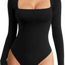 MANGOPOP Women's Sexy Square Neck Thong Bodysuit Long Sleeve Double Lined Body Suit Tops (Black, Small)