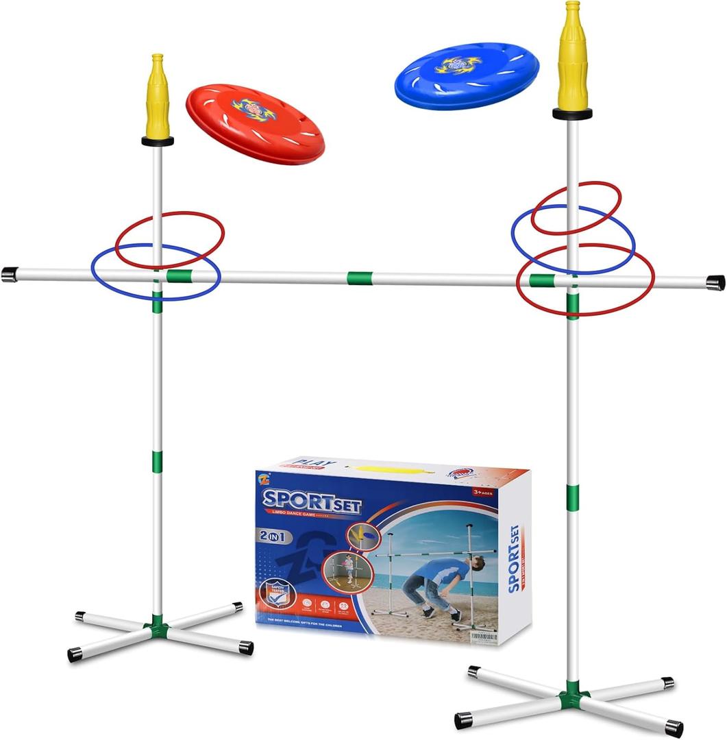 Outdoor 3 in 1 Flying Disc Game Set - Bottle Drop Game - Ring Toss Game - Limbo and Jump Game - Outdoor Game Set for Lawn Beach Camping with Friends Family Kids Dog,Birthday Gift for Boys and Girls