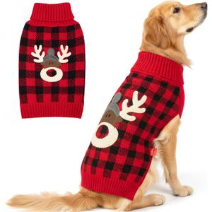 KYEESE Dog Christmas Sweater with Reindeer Pattern, Cozy Holiday Outfit, Red Buffalo Plaid Knitwear, Turtleneck Dog Sweater for Medium Dogs with Leash Hole, Soft Warm Pet Clothes, XX-Large (2XL (35-60lbs))