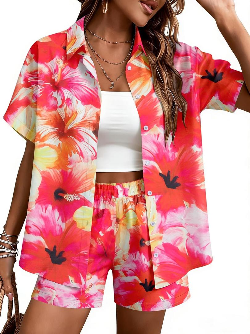 UNIQUEONE Hawaiian Outfits for Women: 2 Piece Hawaiian Luau Outfits Tropical Floral Print Beach Vacation Sets (Medium, Orange)