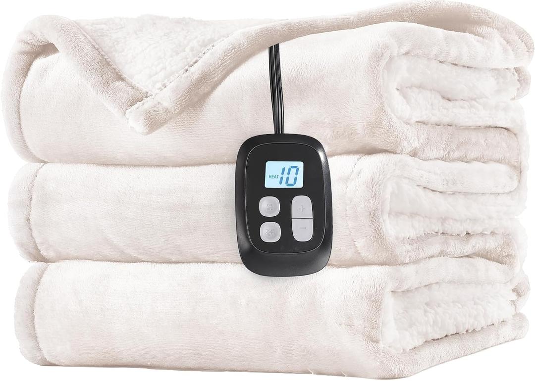 LaffyLo Electric Heated Blanket Full Size 72 x 84, Fast Heating Blanket, Dual-Sided Flannel Sherpa, 10 Heat Settings, 1-12 Hour Auto Off, Machine Washable, White