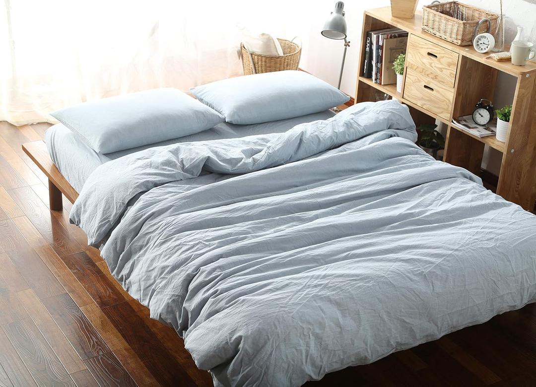 F.Y.Dreams 100% Washed Cotton Duvet Cover for Weighted Blanket 48x72 inches with 16 Ties, Zipper on Long Side/Light Blue/Just Duvet Cover