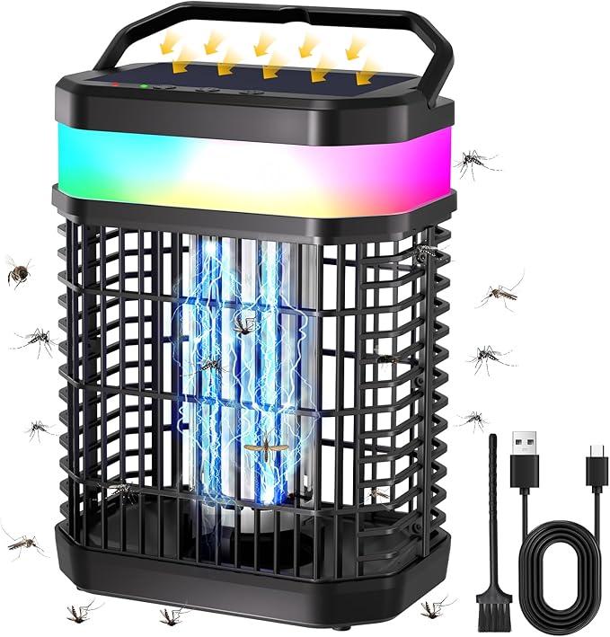 Solar Bug Zapper Outdoor, 4 in 1 Portable & Rechargeable Bug Zapper Outdoor with 5000mAH Battery, 4000V Mosquito Zapper Waterproof with LED Night Light, for Camping, Patio, Backyard (Black)