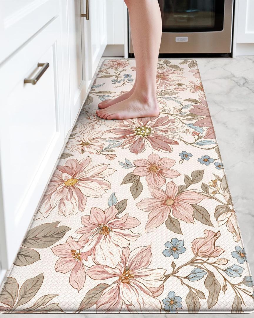 DEXI Kitchen Mats for Floor, 23x86, Cushioned Standing Mat Anti Fatigue, Wide Waterproof Comfort Floral Padded for Laundry Room Office, Pink