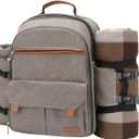 Sunflora Picnic Backpack for 4 Person with Blanket Picnic Basket Set for 2 with Insulated Cooler Wine Pouch for Family Couples (Brush Beige)