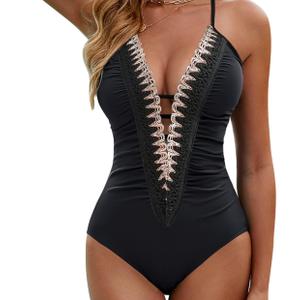 BMJL Women's Sexy One Piece Swimsuit Ruched Tummy Control Bathing Suit Plunge Color Block Swimwear 2026,XXL