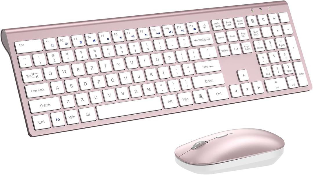Wireless Keyboard and Mouse Combo, Full Size Keyboard and Mouse, Long Battery Life, Optical Mouse, 2.4G Lag-Free Cordless Mice Keyboard Set Ultra Slim Design for Computer, Laptop, PC, Windows (Rose Gold white)