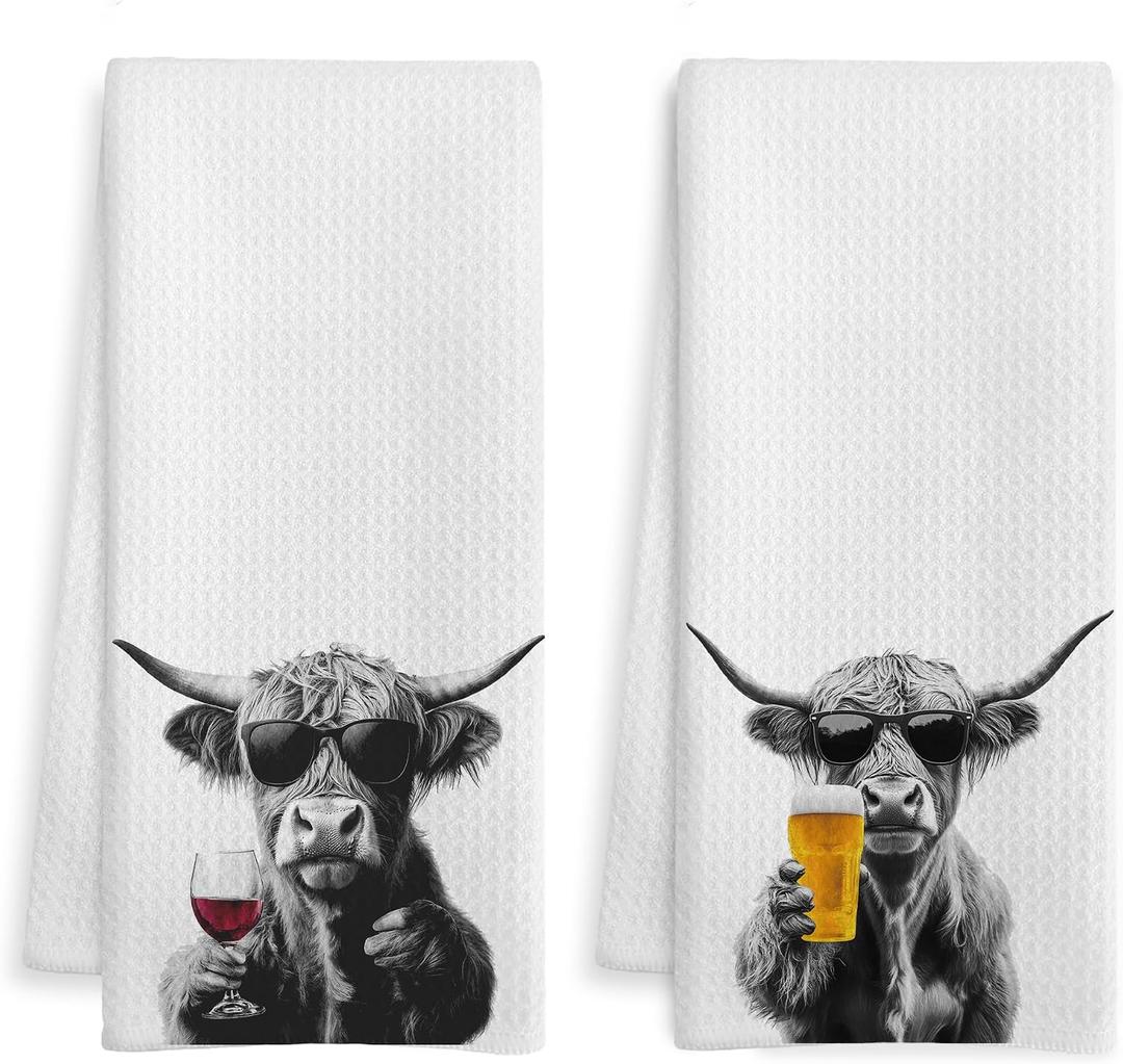 Funny Highland Cow Kitchen Bar Towels, Highland Cow Gifts for Women Men, Gifts for Wine Beer Lovers Decorative Hand Towels for Kitchen Bar Cart Decor, 16x24 Inch Set of 2