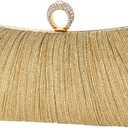 Womens Golden Glitter Clutch Purse Pleated Evening Bag for Bridal Wedding Party with Rhinestone Ring