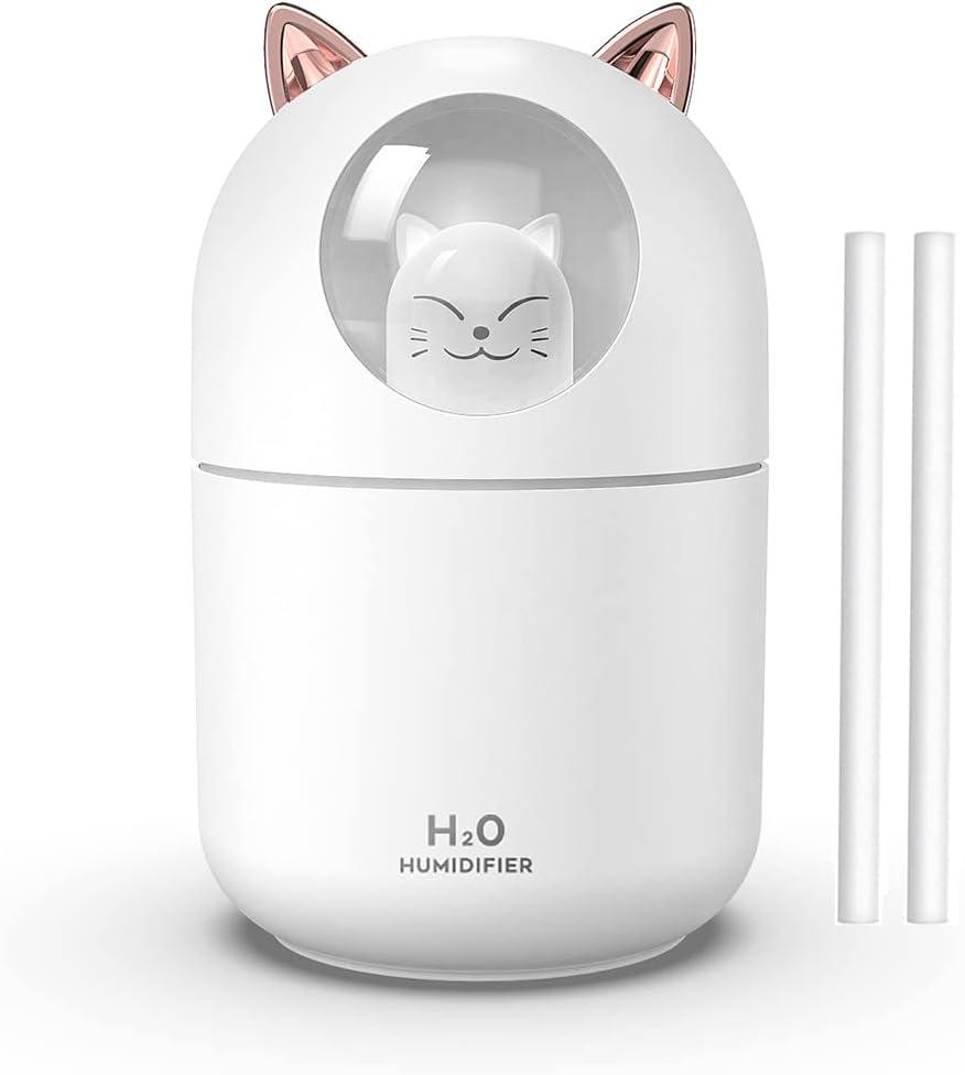 Portable Small Humidifier, 300ml Mini Cool Mist Humidifier with Night Light, USB Personal Humidifier Auto Shut-Off, Ultra-Quiet, 2 Spray Modes, Suitable for Home Office Travel(White)