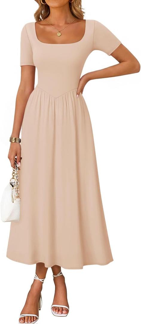 ZESICA Summer Dresses for Women 2026 Elegant Classy Square Neck Short Sleeve Flowy Cocktail Party Midi Dress (M)